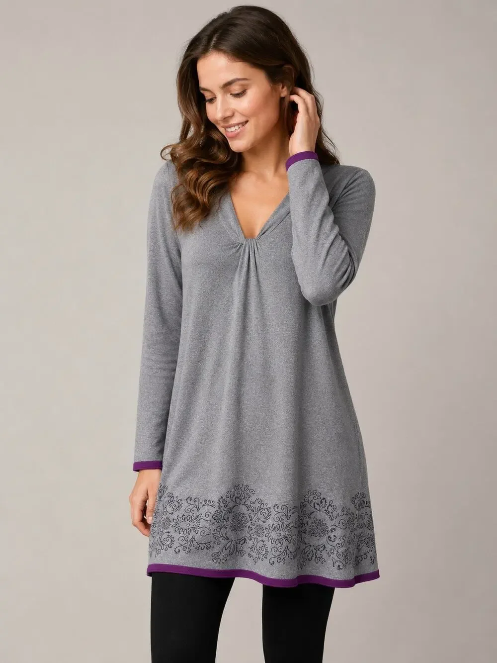 Title Nine Gray Knit Tunic Dress Purple Trim Floral Hem Medium
